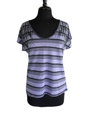 FANG Vintage Y2K Glitter Zebra Purple Black Striped V-Neck Short Sleeve Top